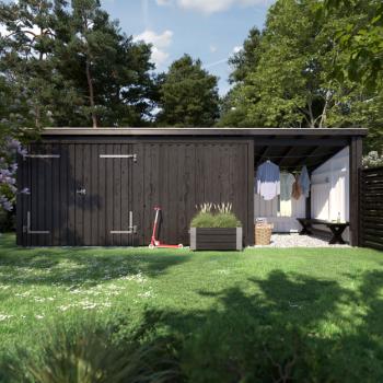Nordic Multi Trädgårdshus 14 m² - 3 moduler med dubbeldörr och stängd/öppen framsida - inkl. takpapp/aluminiumlister/stolpfötter