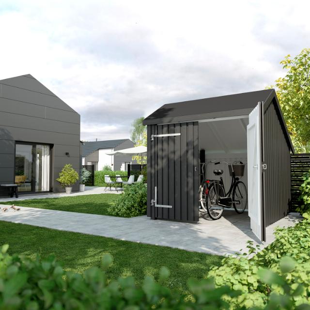 Cykelskjul 5,7 m² - 1 modul med dubbeldörr - inkl. takpapp / aluminiumlister