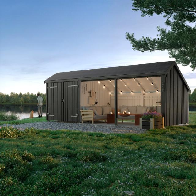 Multi Gartenhaus 15,5 m² - 3 Module Doppeltür & offene Fassade m. Dachpappe/Aluleisten/H-Pfostenfüße