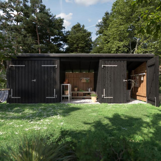 Nordic Multi Gartenhaus 14 m² - 3 Module m. 2 Doppeltüren & offene Fassade m. Dachpappe/Aluleisten/H-Pfostenfüße