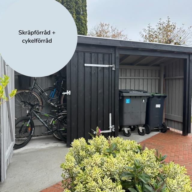 Multihavehus indrettet som cykelskur og skraldespandsskjul