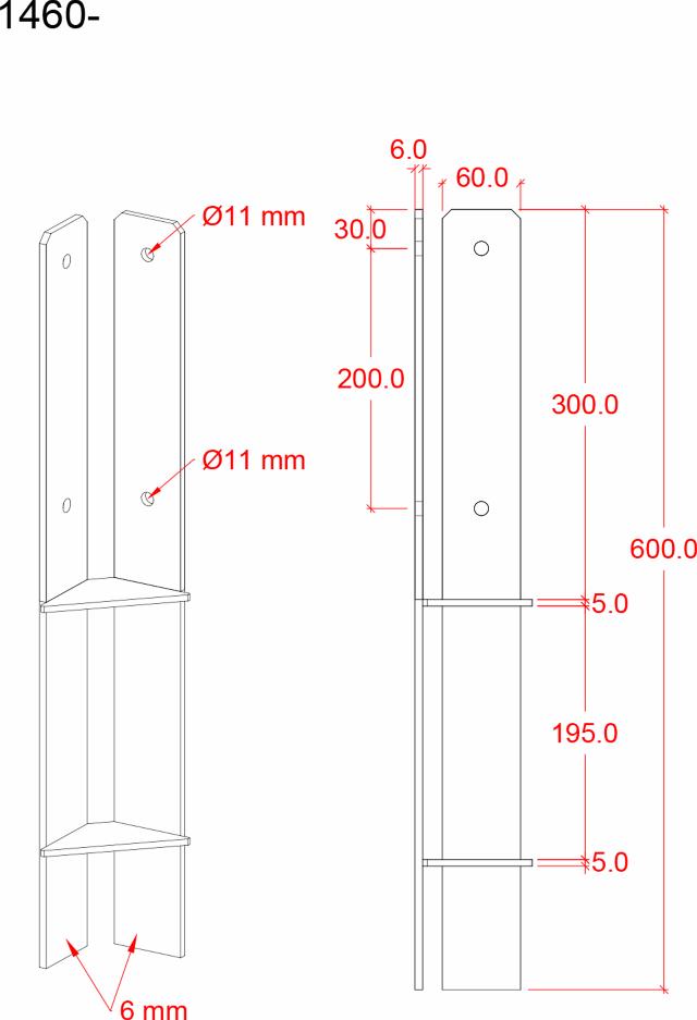 Hjørne Stolpefod 60 cm - 9×9 cm stolper - til nedstøbning - m/skruer