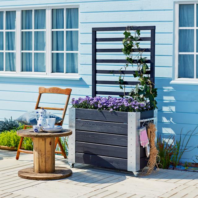 Cubic blomlåda m/spaljé och hjul - 87×50×155 cm - svart