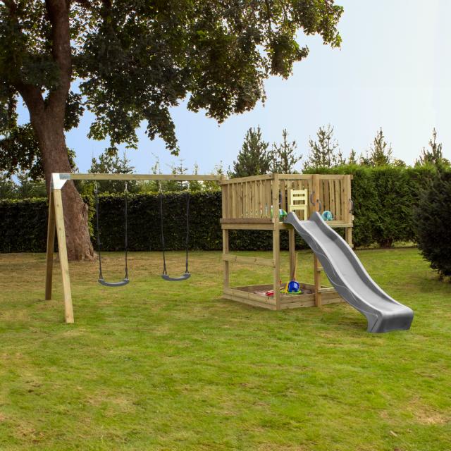 PLUS Play legetårn inkl. gyngestativ, gråsort rutsjebane og gråsorte gynger