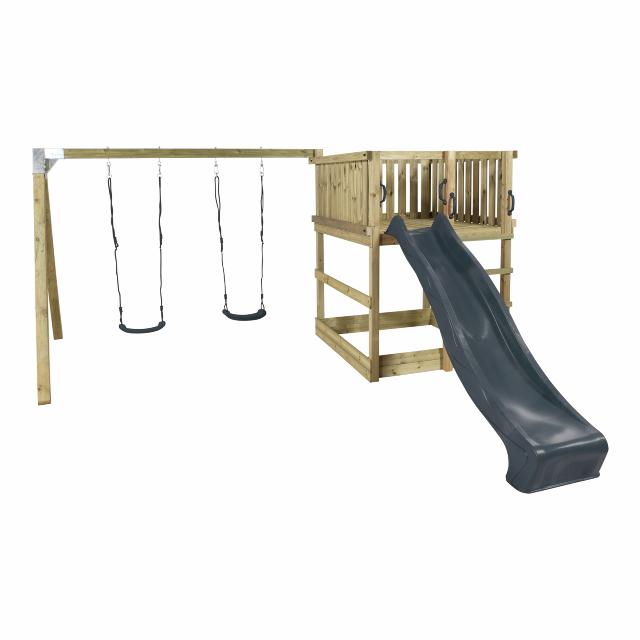 PLUS Play legetårn inkl. gyngestativ, gråsort rutsjebane og gråsorte gynger