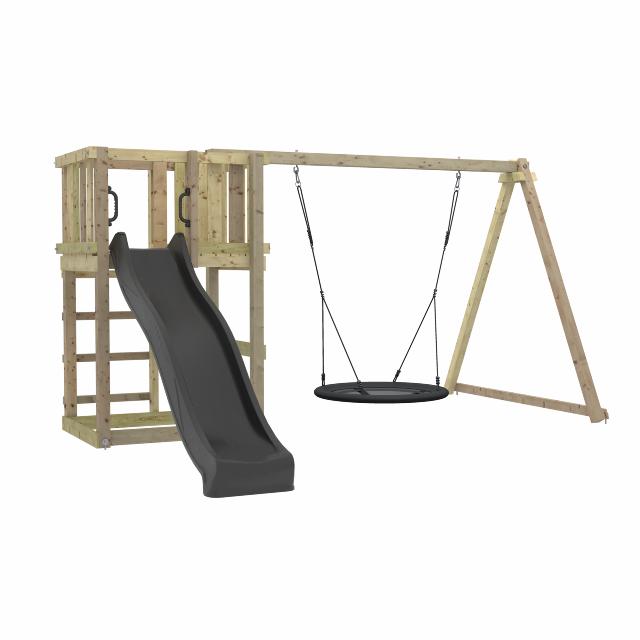 PLUS legetårn m/gyngestativ, gråsort rutsjebane og redegynge