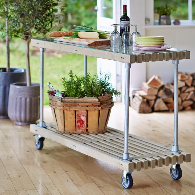 Tralle grill/anretterbord m/hjul - 138 cm - drivtømmerfarve