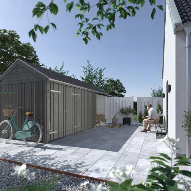 Classic Multi Gartenhaus 14,5 m² - 3 Module Doppeltür und offene Fassade - Inkl. Dachpappe/Aluleisten/H-Pfostenfüße