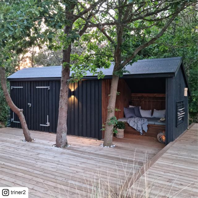 Multi Gartenhaus 15,5 m² - 3 Module Doppeltür & offene/geschlossene Fassade m. Dachpappe/Aluleisten/H-Pfostenfüße