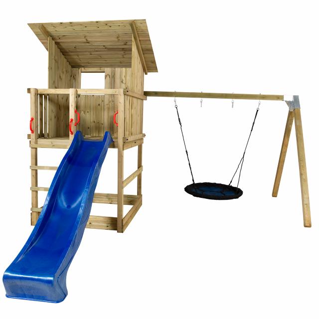 Play Spielturm m/Dach und Schaukelanbau inkl. blauer Rutsche