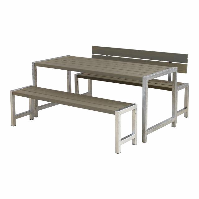 Plankengarnitur - 186 cm - 1 Tisch + 2 Bänke und 1 Rückenlehne - Graubraun