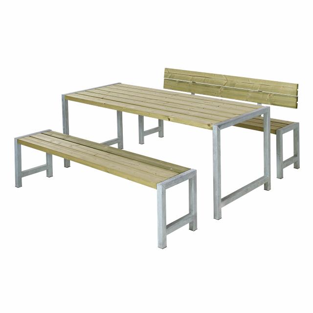 Plankengarnitur mit Rückenlehne - 186 cm - 1 Tisch + 2 Bänke und 1 Rückenlehne - Druckimprägniert