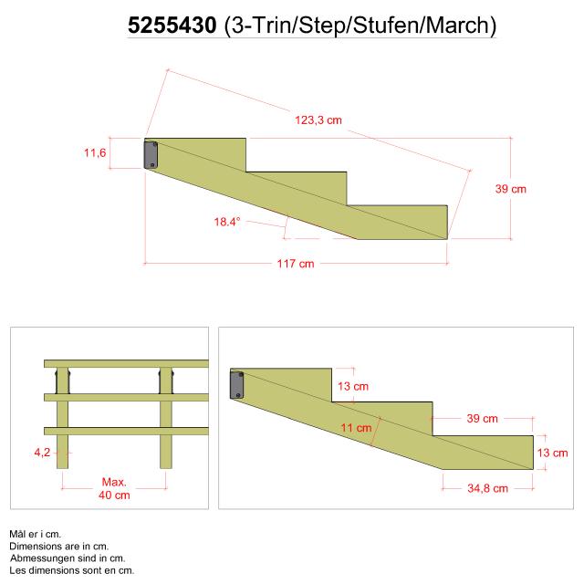 19º Treppenwangen 3 Stufen m/ Beschläge - Stufentiefe 39 cm