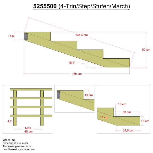 19º Trappevange 4 trin m/beslag - Trindybde 39 cm