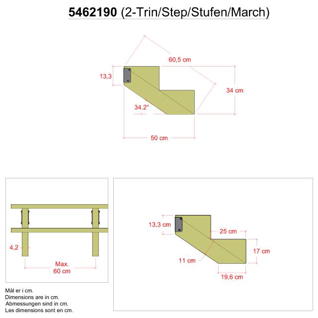 34,2° Trappevange 2-trin m/beslag - Trindybde 25 cm