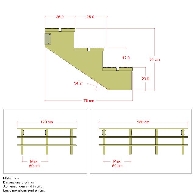 Terrassentreppe 3-Stufen - 34,2° - 120 cm