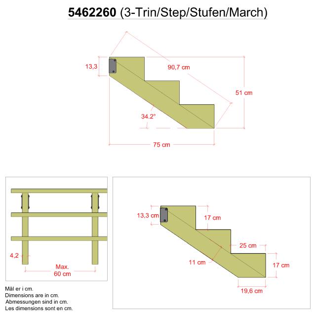 34,2° Trappevange 3 trinn m/beslag - trinnbredde 25 cm