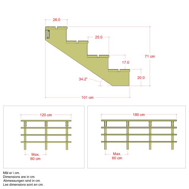 Terrasstrappa 4 trappsteg - 34.2° - 120 cm