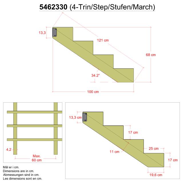 34,2° 4-stegs vangstycke med beslag - Stegdjup 25 cm