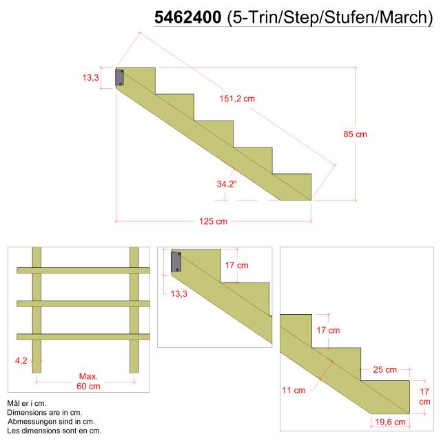 34,2° Treppenwangen 5 Stufen m/ Beschläge - Stufentiefe 25 cm