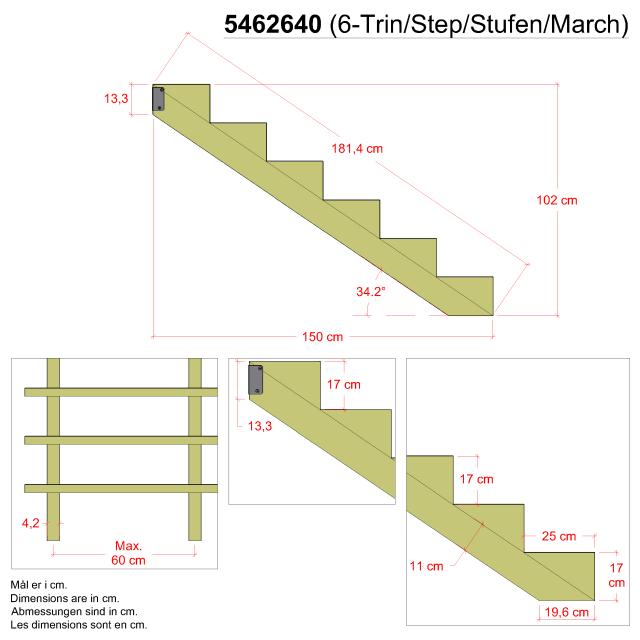34,2° Trappevange 6 trinn m/beslag - trinnbredde 25 cm