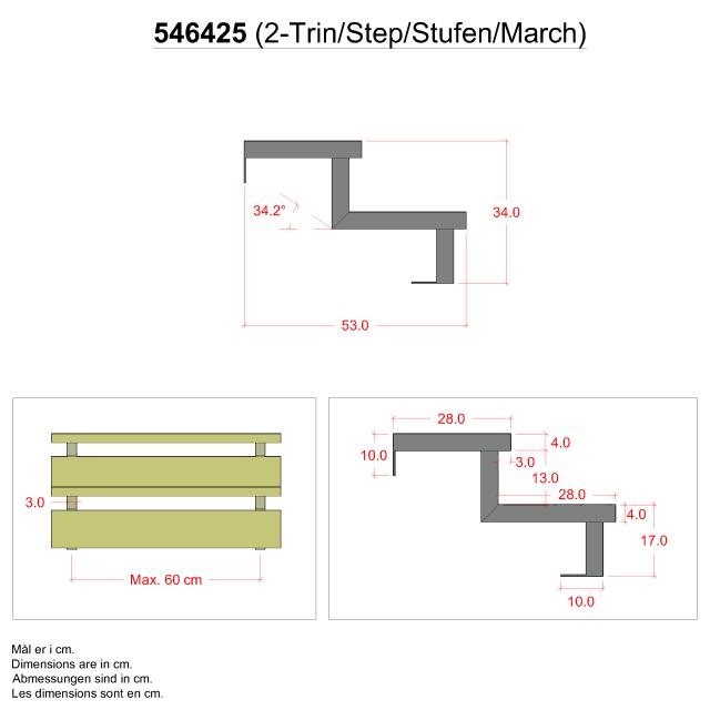 34,2° 2-stegs vangstycke med beslag - Stegdjup 28 cm