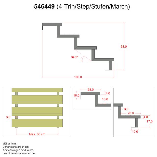 34,2° Treppenwangen 4 Stufen m/ Beschläge - Stufentiefe 28 cm