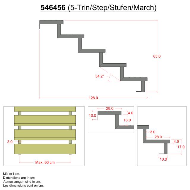 34,2° Treppenwangen 5 Stufen m/ Beschlag - Stufentiefe 28 cm