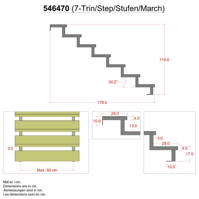 34,2° Treppenwangen 7 Stufen m/ Beschläge - Stufentiefe 28 cm