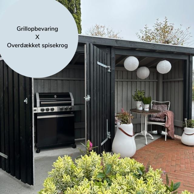 Multihavehus indrettet til opbevaring af grill og overdækket spisekrog 