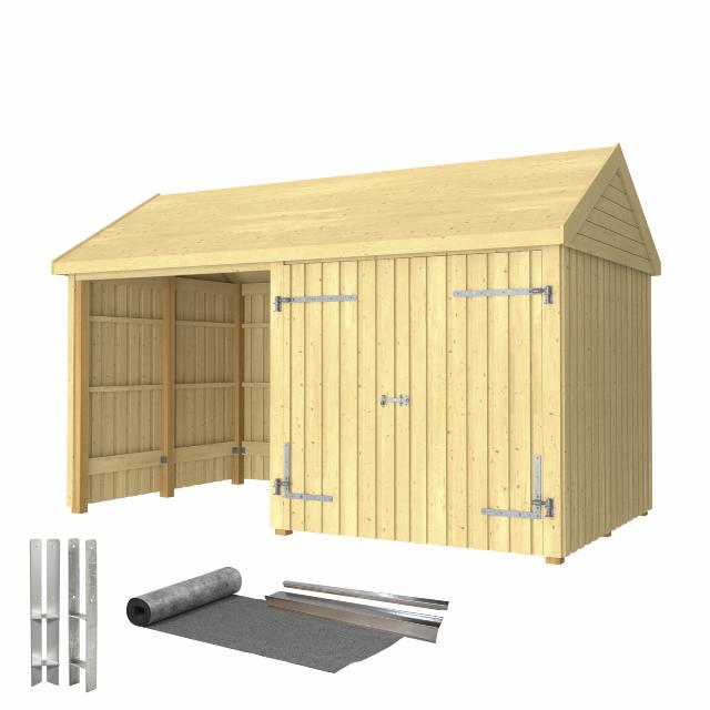 Classic Multi Trädgårdshus 10 m² - 2 moduler med dubbeldörr och öppen front - inkl. takpapp/aluminiumlister/H-stolpfötter