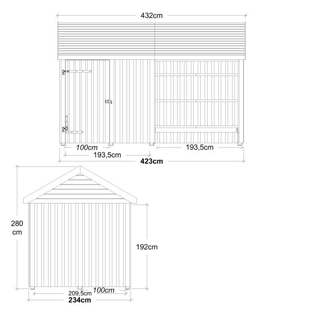 Classic Multi Trädgårdshus 10 m² - 2 moduler med enkeldörr och stängd/öppen front - inkl. takpapp/aluminiumgjutning/H-stolpfötter