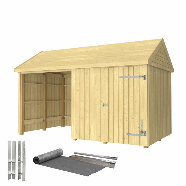 Classic Multi Trädgårdshus 10 m² - 2 moduler med enkeldörr och stängd/öppen front - inkl. takpapp/aluminiumgjutning/H-stolpfötter