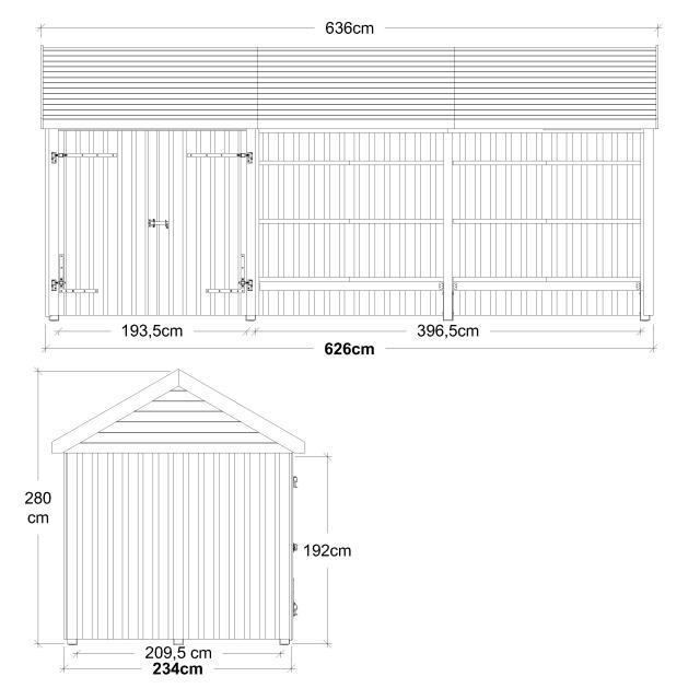 Classic Multi Gartenhaus 14,5 m² - 3 Module Doppeltür und offene Fassade - inkl. Dachpappe/Alu-Leisten/H-Pfostenfüße