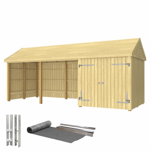 Classic Multi Gartenhaus 14,5 m² - 3 Module Doppeltür und offene Fassade - inkl. Dachpappe/Alu-Leisten/H-Pfostenfüße