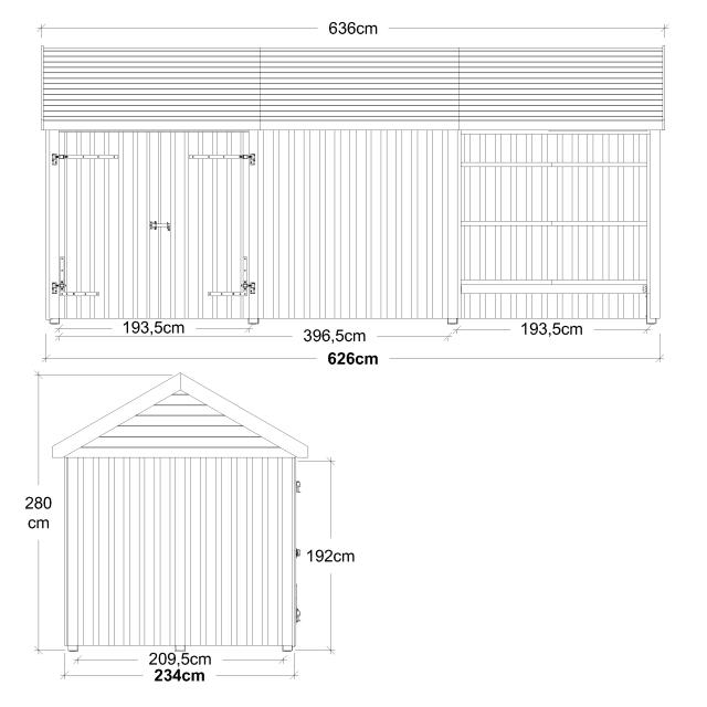 Classic Multi Gartenhaus 14,5 m² - 3 Module Doppeltür und offene Fassade - Inkl. Dachpappe/Aluleisten/H-Pfostenfüße