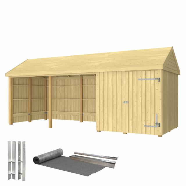Classic Multi Trädgårdshus 14,5 m² - 3 moduler med enkeldörr och öppen front - inkl. takpapp/aluminiumlister/H-stolpfötter