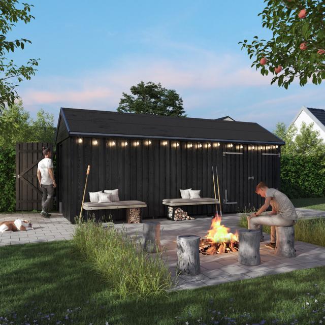 Classic Multi Gartenhaus 14,5 m² - 3 Module mit Einzel- und Doppeltür - inkl. Dachpappe/Alu-Leisten/H-Pfostenfüße