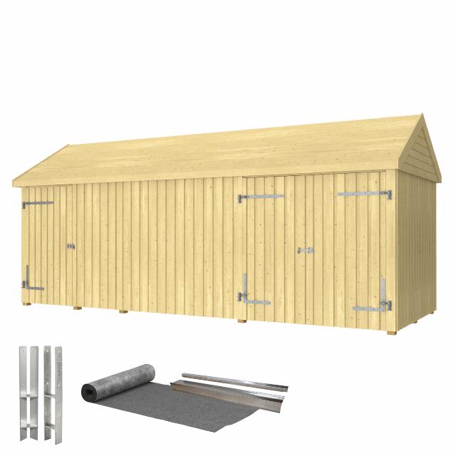 Classic Multi Gartenhaus 14,5 m² - 3 Module mit Einzel- und Doppeltür - inkl. Dachpappe/Alu-Leisten/H-Pfostenfüße