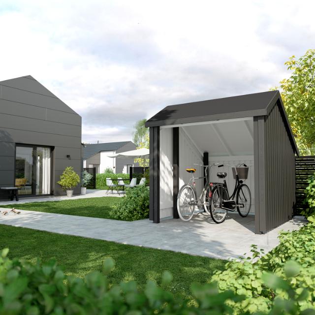 Cykelskjul 5,7 m² - 1 modul öppen - inkl. takpapp / aluminiumlister / stolpfötter