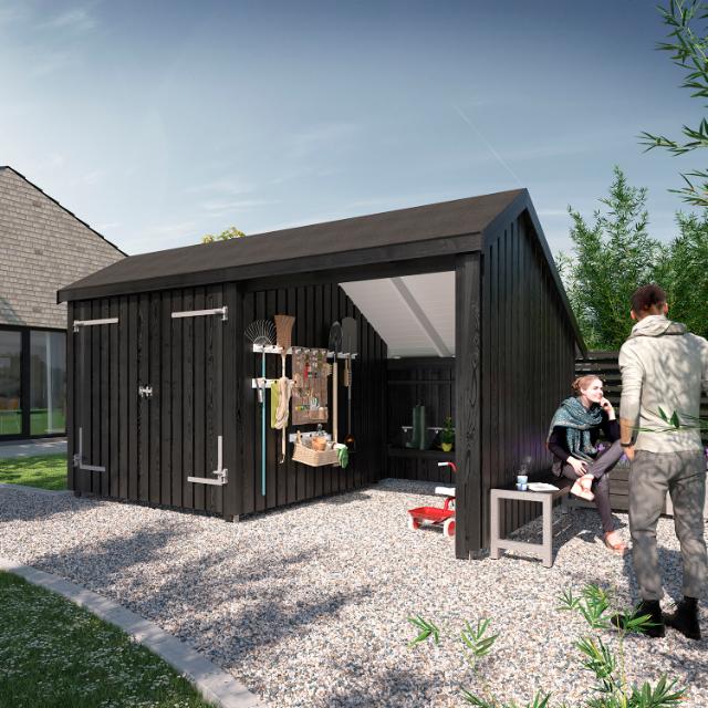 Multi Trädgårdshus 10,5 m² - 2 moduler med dubbeldörr och öppen framsida - inkl. takpapp/aluminiumlister