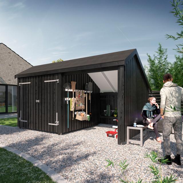 Multi Gartenhaus 10,5 m² - 2 Module Doppeltür und offene Fassade - 10,5 m² unbehandelt
