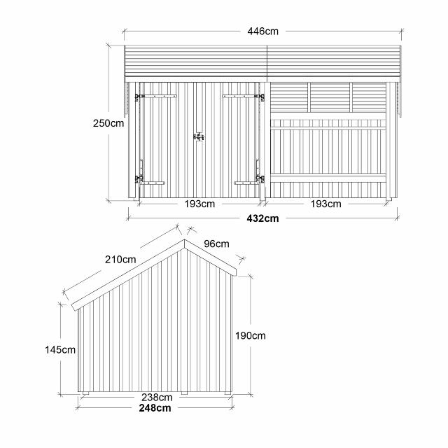 Multi Hagehus 10,5 m² - 2 moduler m/dobbeltdør og åpen front - inkl.takpapp/alulister/H-stolpeføtter