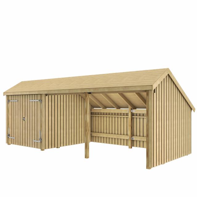 Multi Gartenhaus 15,5 m² - 3 Module Doppeltür & offene Fassade - unbehandelt 