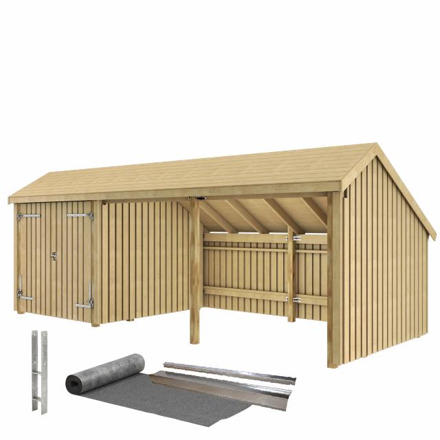 Multi Gartenhaus 15,5 m² - 3 Module Doppeltür & offene Fassade m. Dachpappe/Aluleisten/H-Pfostenfüße