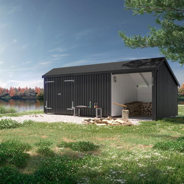 Multi Gartenhaus 15,5 m² - 3 Module Doppeltür & offene/geschlossene Fassade - unbehandelt