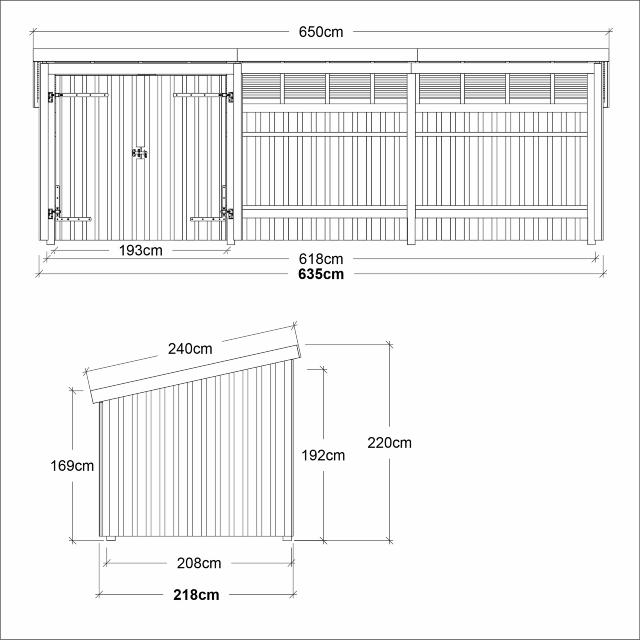 Nordic Multi Gartenhaus 14 m² - 3 Module Doppeltür & offene Fassade m. Dachpappe/Aluleisten/H-Pfostenfüße