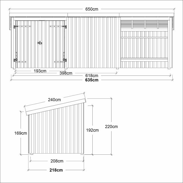 Nordic Multi Gartenhaus 14 m² - 3 Module Doppeltür & offene/geschlossene Fassade m. Dachpappe/Aluleisten/H-Pfostenfüße