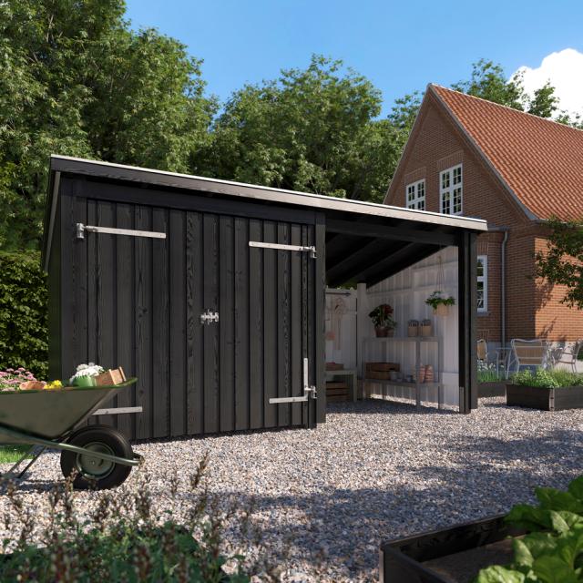 Nordic Multi Gartenhaus 9,5 m² - 2 Module Doppeltür & offene Fassade m. Dachpappe/Aluleisten/H-Pfostenfüße