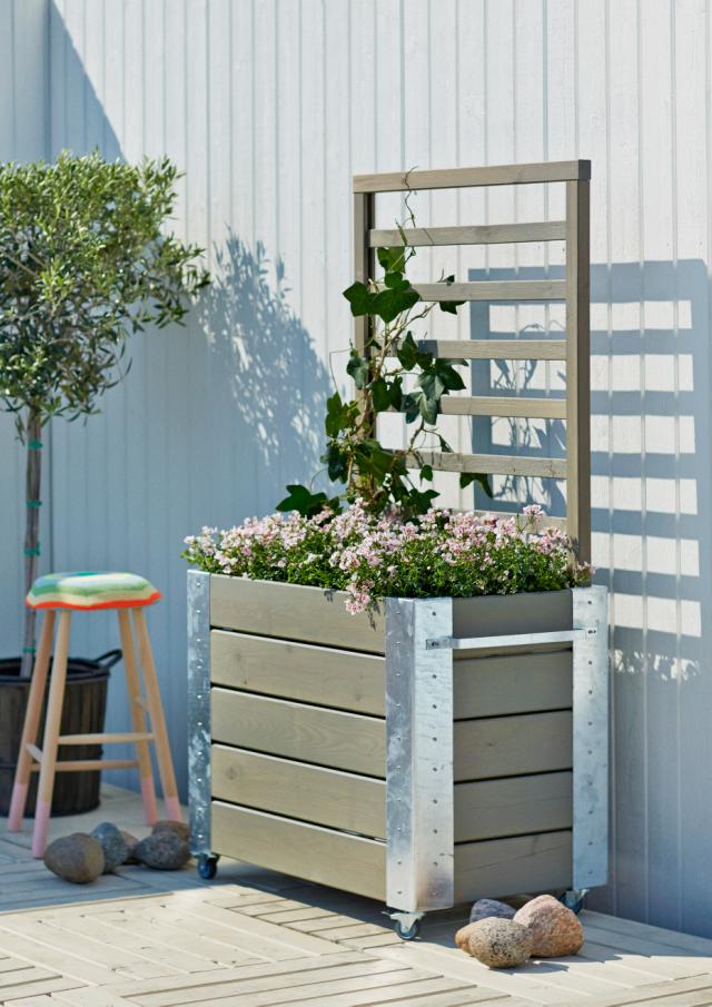 Cubic blomsterkasse m/espalier og hjul - 155 cm - gråbrun